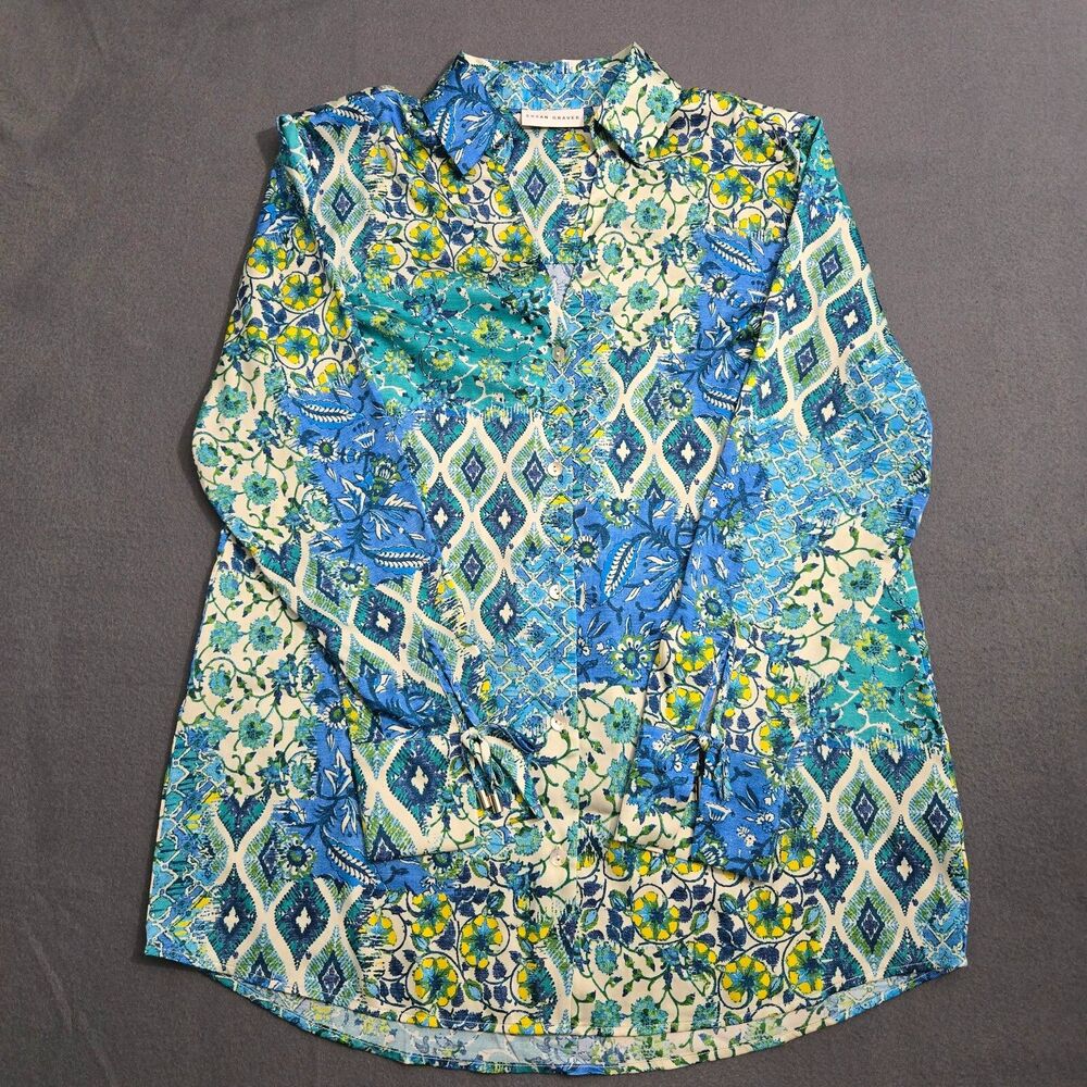 Susan Graver Women XS Regular Printed Stretch Charemuse Button Front Blouse